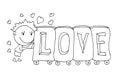 Coloring book for kids - smiling boy pushing a train with the word Love on a background of hearts. Be my Valentine. Valentines day