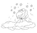 Coloring book for kids - unicorn flies through the clouds to the stars. Through hardship to the stars. Black and white cute cartoo