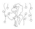 Coloring book for kids - unicorn holding a heart on a background of hanging hearts. Valentines day. 14 February. Black and white c