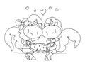 Coloring book for kids - unicorns boy and girl eats one slice of watermelon together. Valentines day. 14 February. Black and white Royalty Free Stock Photo