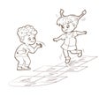 Coloring book little children, boy and girl, jumping fun, playing hopscotch. Vector illustration in cartoon style, black Royalty Free Stock Photo