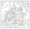 Coloring book for little children. Fantasy toy house in fairyland. Fabulous kingdom. Black and white drawing for kids worksheet.