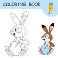 Coloring book with little Easter Hare painter. Colorless and color samples with cartoon smiling Rabbit holding and painting Easter