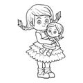 Coloring book. Little girl with a doll Royalty Free Stock Photo