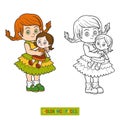 Coloring book. Little girl with a doll Royalty Free Stock Photo