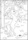 Coloring book with a little pony. Coloring book for children. Horse on the background of the garden.