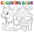 Coloring book llama near mountain