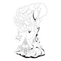 Coloring book: Magic house in roots of the tree. Fairy tale vector illustration Royalty Free Stock Photo
