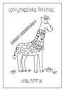 Coloring book Merry Christmas! with Giraffe for kids. Black and white, made in vector