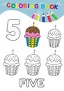 Coloring book number five with 5 cupcakes vector for kids and ed