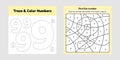 Coloring book number for kids. Worksheet for preschool, kindergarten and school age. Trace line. Write and color a nine Royalty Free Stock Photo