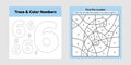 Coloring book number for kids. Worksheet for preschool, kindergarten and school age. Trace line. Write and color a six Royalty Free Stock Photo