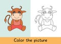 Coloring book. Ox, bull, cow and calf. Cartoon animall. Kids game. Color picture. Learning by playing. Task for children