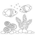 Coloring book page for adult and children , Under water, Marine vector motif . Doodle of the underwater world, sea, ocean, river Royalty Free Stock Photo