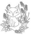 Coloring book page for adult and kids. Cute little cartoon fox with abstract flowers and leaves Royalty Free Stock Photo