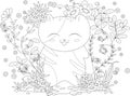 Coloring book page for adult and kids. happy kitten with flowers and leaves Royalty Free Stock Photo