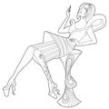 Coloring book page for adults. Sitting girl in a dress. Fashion.