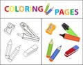 Coloring book page. Back to school set, marker, pencils, sharpener, eraser. Sketch outline and color version. Coloring