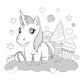 Coloring book page with cartoon unicorn pony.