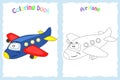 Coloring book page for children with colorful airplane and ske