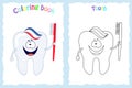 Coloring book page for children with colorful tooth with brush