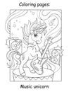 Coloring book page cool unicorn with guitar