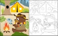 Coloring book or page of cute bear cartoon in scout costume roasting fish in camping ground