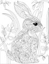 Coloring Book Page With Cute Detailed Rabbitstanding Still. Sheet To Be Colord With Little Animal Looking Ahead With