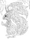 Coloring Book Page With Cute Detailed Squirrel Holding Hazelnut. Sheet To Be Colord With Little Animal Having Nut In