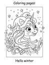 Coloring book page cute funny head of unicorn with christmas wreath Royalty Free Stock Photo