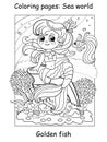 Coloring book page cute mermaid with golden fish Royalty Free Stock Photo