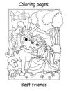Coloring book page cute princess cuddles with a unicorn Royalty Free Stock Photo