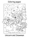 Coloring book page cute unicorn with a snowman