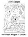 Coloring book page cute unicorn witch and dreamcatcher