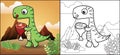 Coloring book or page of dinosaur cartoon carrying meat on mountain background