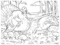 Coloring book page of domestic turkey family eating on the farm, black and white outline, zoo animals illustration for children