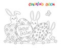 Coloring Book Or Page With Eggs And Rabbits On Meadow. Happy Easter Coloring Illustration
