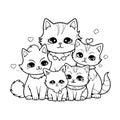 A coloring book page of a family of cats.