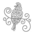 Coloring book page, Fantasy exotic bird on a branch