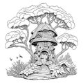 Coloring book page, a fantasy 3 storied fairy mushroom treehouse house