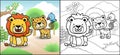 Coloring book or page of funny animals cartoon. A little bird perch on leopards tail, lion sitting on ground