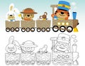 Coloring book or page with funny animals cartoon on wooden train Royalty Free Stock Photo