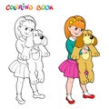 Coloring book or page. Girl with a toy dog.