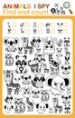 Coloring book page i spy. Count and color zoo animal. Printable worksheet for kindergarten and preschool