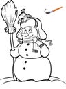 Coloring book or page, illustration. Card concept - Cute snowman with broom and bird. Royalty Free Stock Photo