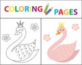 Coloring book page for kids. Cute swan. Sketch outline and color version. Childrens education. Vector illustration.