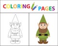 Coloring book page for kids. Forest gnome. Sketch outline and color version. Childrens education. Vector illustration.
