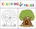 Coloring book page for kids. House in the tree. Sketch outline and color version. Childrens education. Vector