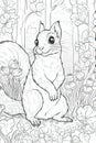 Coloring book page for kids. Squirrel isolated on white background. Black and White. Generative AI Royalty Free Stock Photo