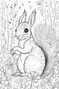 Coloring book page for kids. Squirrel isolated on white background. Black and White. Generative AI Royalty Free Stock Photo